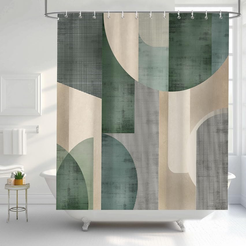 Pandara Jewelry Green/Beige Modern Abstract Shower Curtain – Boho Geometric Design, Wavy & Pattern For Stylish Bathroom Decor
