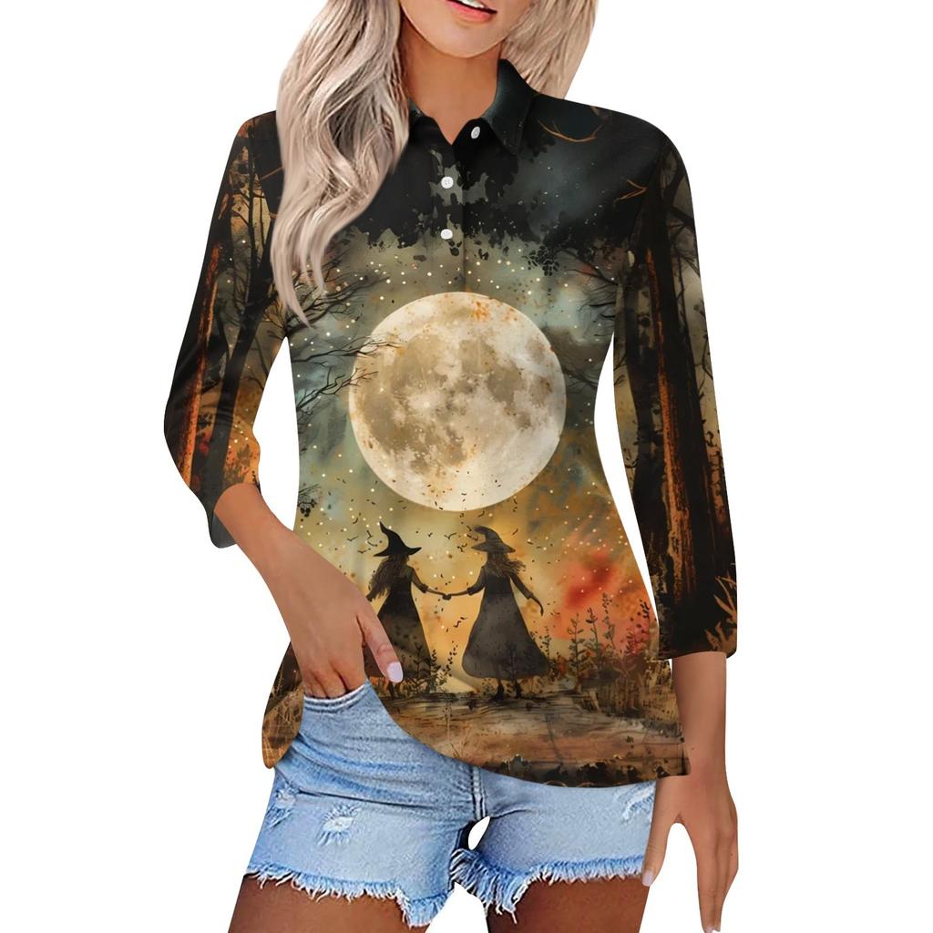 Women's Fashion Casual Lapel Short 3/4 Sleeve Halloween Print Shirt Women's Button Up Tops