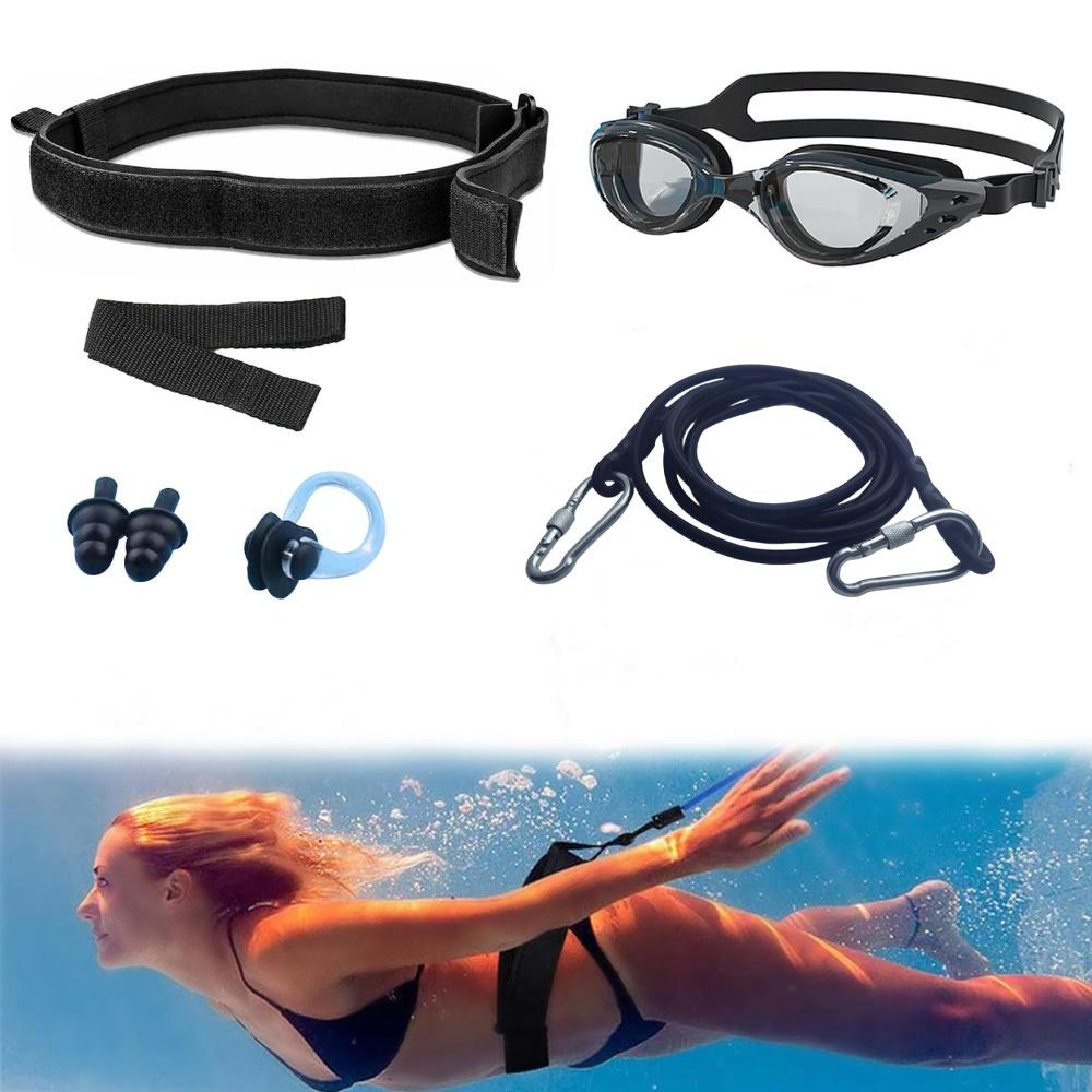 Adjustable Swimming Training Resistance Band Rope Trainer Belt & Goggles Set for Children & Adults
