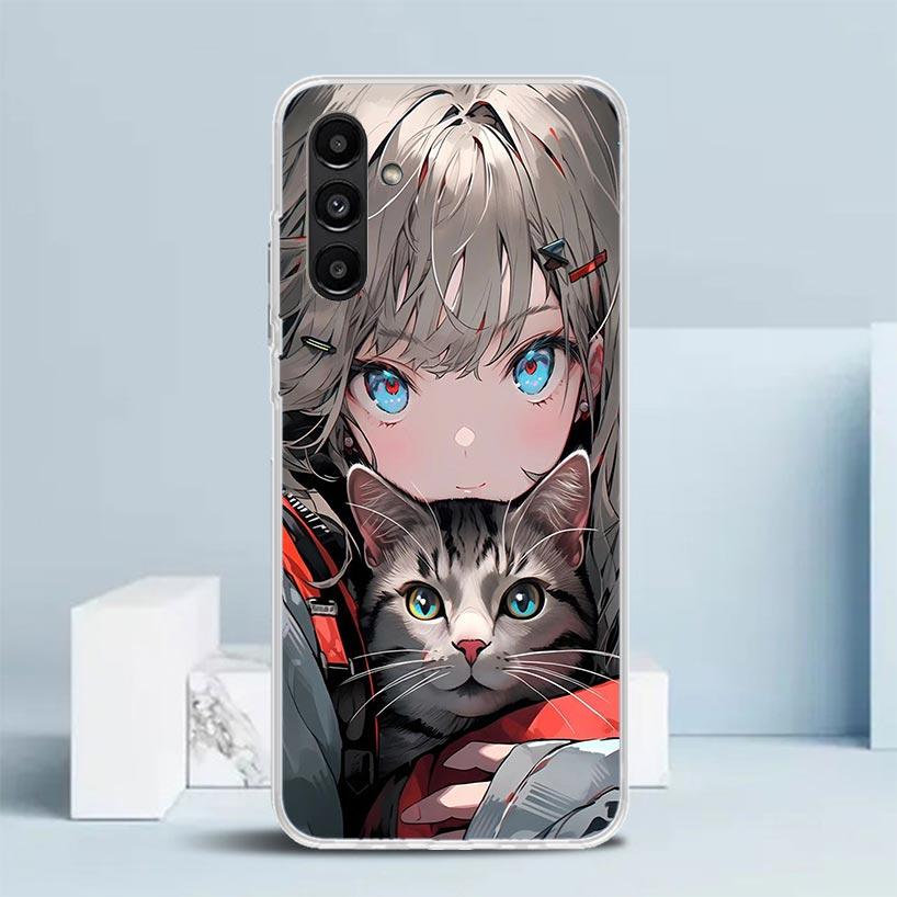 Anime Girls Cute Black Cat Phone Case For Samsung Galaxy A17 A37 A57 A16 A15 A14 A13 A56 A55 A54 A53 A36 A35 A34 A33 A26 A25 A24