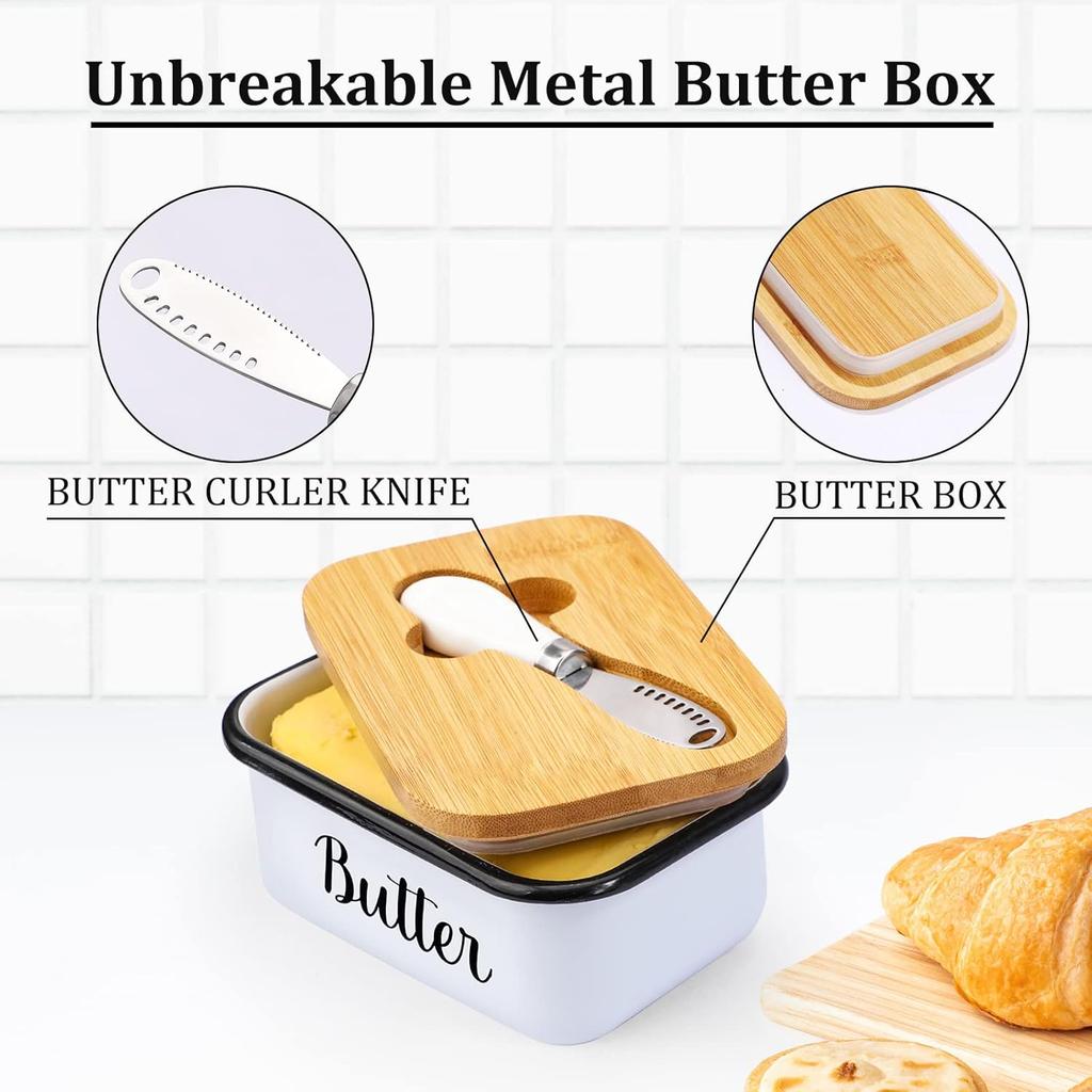 Butterdose mit Deckel und Butter-Kräuselmesser, unzerbrechlicher Metallbehälter für die Arbeitsplatte mit hochwertiger doppelter Silikondichtung