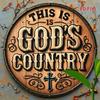 Vintage Metal Wall Art God's Country Round Sign with Cross Leaf Motifs 7.8x7.8 Inch Rustic Indoor Outdoor Decor for Home Cafe Garden