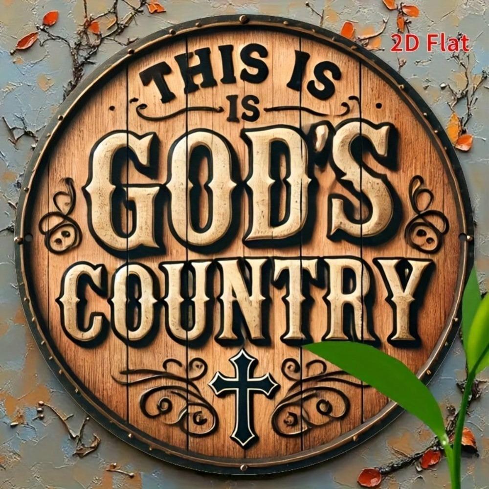 Vintage Metal Wall Art God's Country Round Sign with Cross Leaf Motifs 7.8x7.8 Inch Rustic Indoor Outdoor Decor for Home Cafe Garden