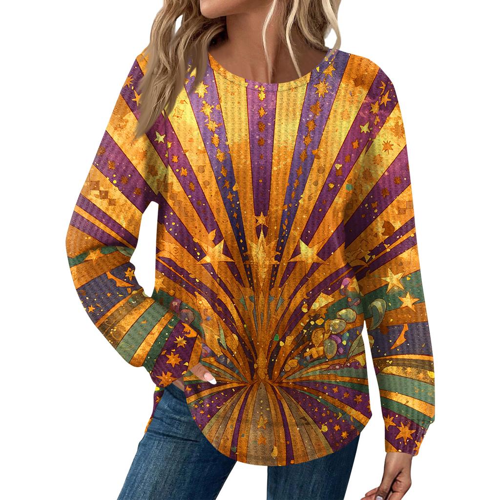 Women's Fashion Loose Long Sleeve Carnival Print Round Neck Casual Top