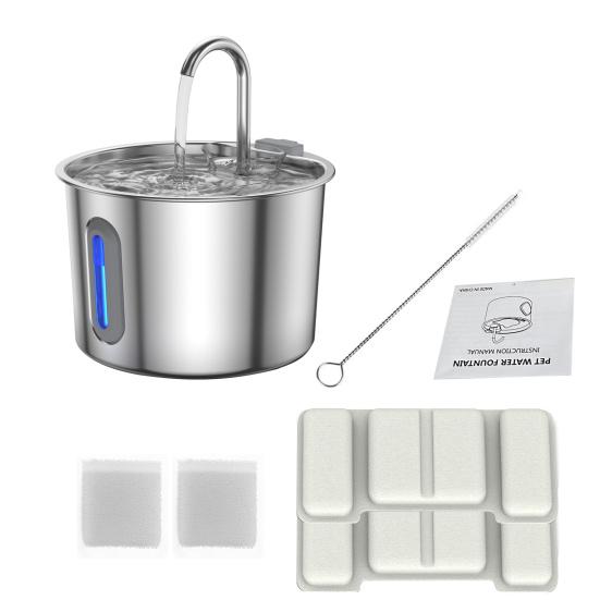 Dog Water Fountain 2.2L Stainless Steel Quiet Pet Fountain with Quadruple Filtration System Purification Fountain with Visual Water Level for