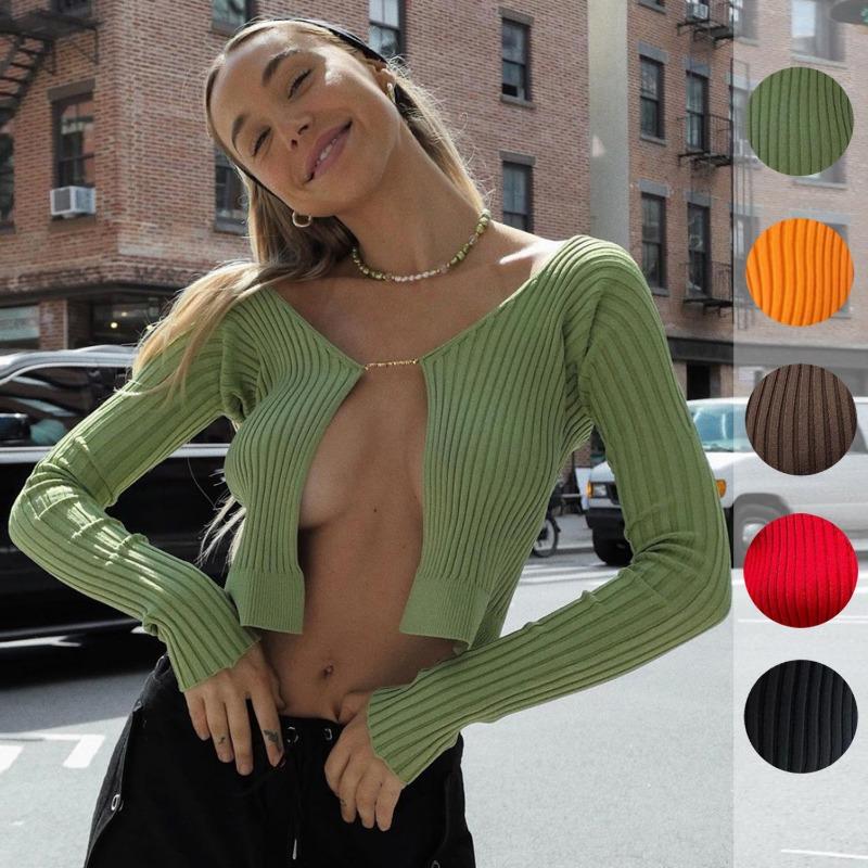 Pulover tricotat tricotat cu mânecă lungă, sexy, de toamnă și iarnă, cu etichetă aurie în V adânc