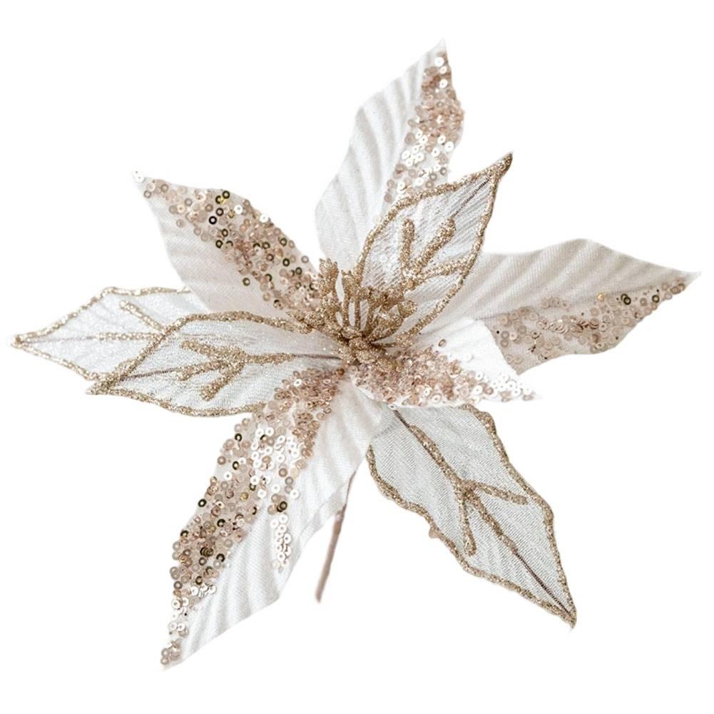 

Christmas Tree Ornaments Festive Decorations Glitter Poinsettia Light gold