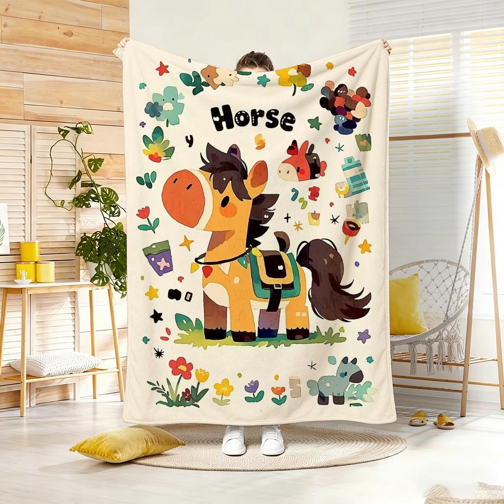 Painting Cute Pony Throw Lightweight 240G Flannel Blanket Soft Skin-Friendly For Summer Cooling