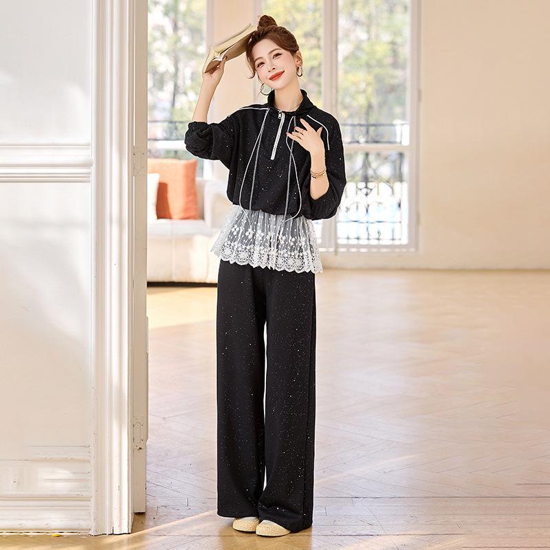 2025 Spring Fashion Lace-Trim Jacket & Wide-Leg Pants Set RX9210