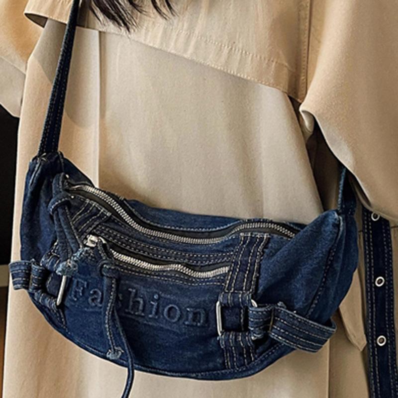 Τσάντα Crossbody από Τζιν, Απλή Τσάντα με Κέρατο, Ρετρό Πλυμένη Φθαρμένη Τσάντα