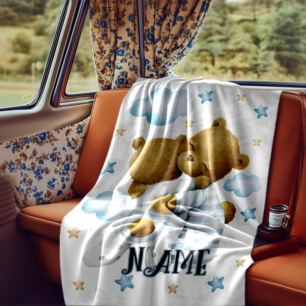Teddy Bears In Pajamas Hugging Under Clouds And Stars Blanketcustomizable With Your Namecomfortable And Stylish Perfect For Travel Beds Chairs Offices