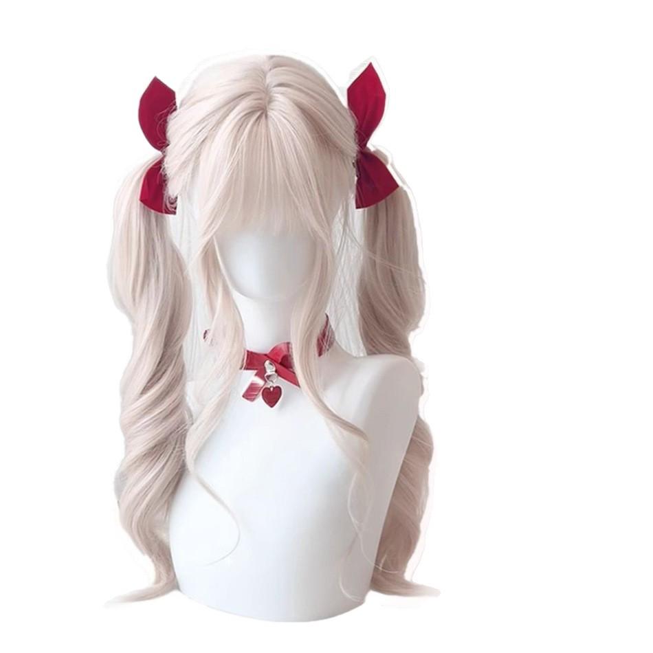 Women's Full Head Long Curly Wig - Mist Pink Lolita Cosplay, Energetic Double Ponytails, Soft & Cute for Fashionable Daily Wear