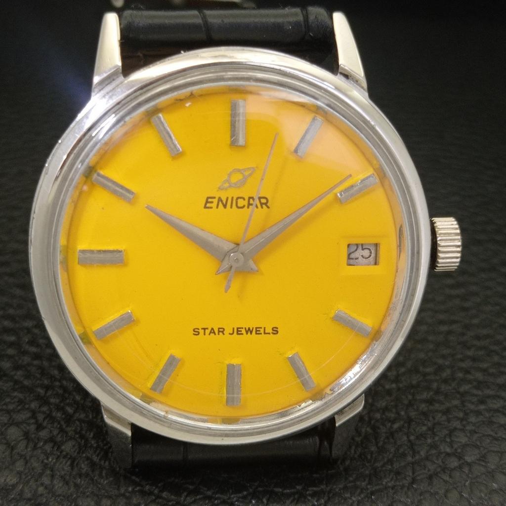 SWISS VINTAGE ENICAR STAR JEWELS HAND-WINDING MENS YELLOW DIAL WATCH a703029-1