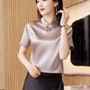 Damen Frühlings Taupe Satin Cheongsam Top Mandarin Kragen Bluse