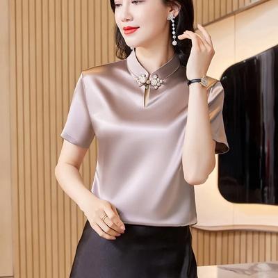 Dámský jarní taupe saténový top Cheongsam s mandarínským límcem