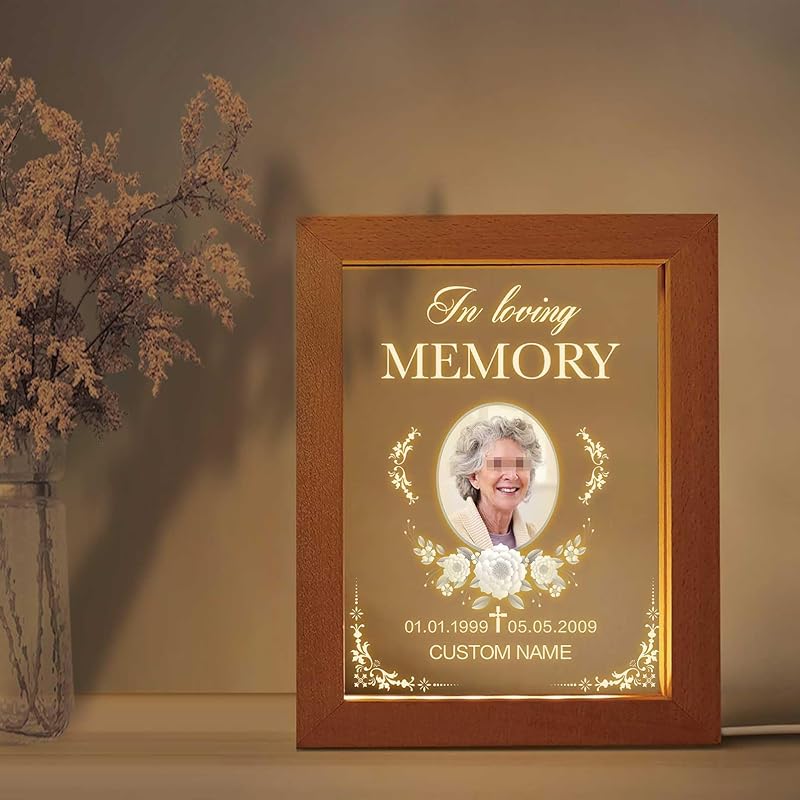 Custom Memorial Night Light with Picture Frames Personalized Acrylic Plaque Sympathy Bereavement Gift with Photo Name Date for Loss of Love(S-Heart
