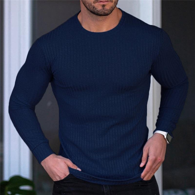 Men's Autumn Sports Fitness Casual Stand Collar Stretch Ribbed Crew Neck Long Sleeve Activewear