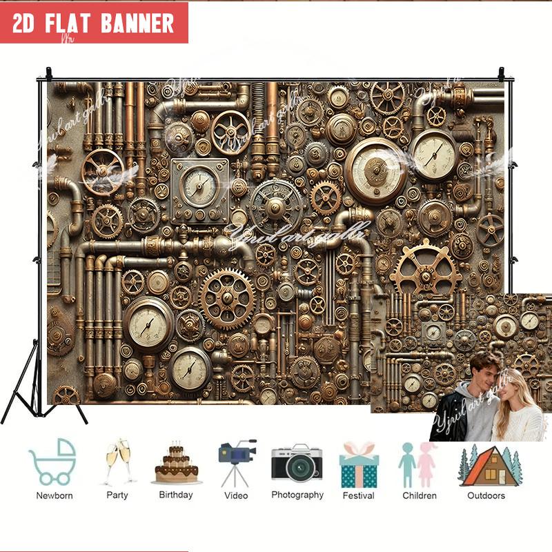2D Flat Party Backdrop Banner - Large Steampunk Theme with Gears, Pipes & Vintage Clock