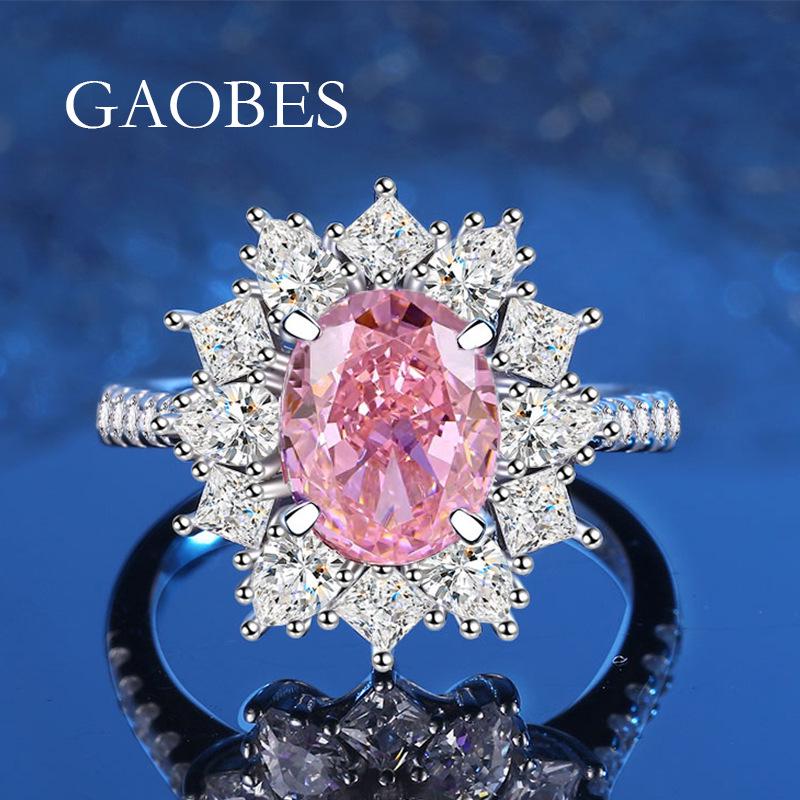 Luxury Women s S925 Sterling Silver Ring with Full Diamond Ice Flower Cut and Pink Aquamarine Size 7 (HK size 14-15)