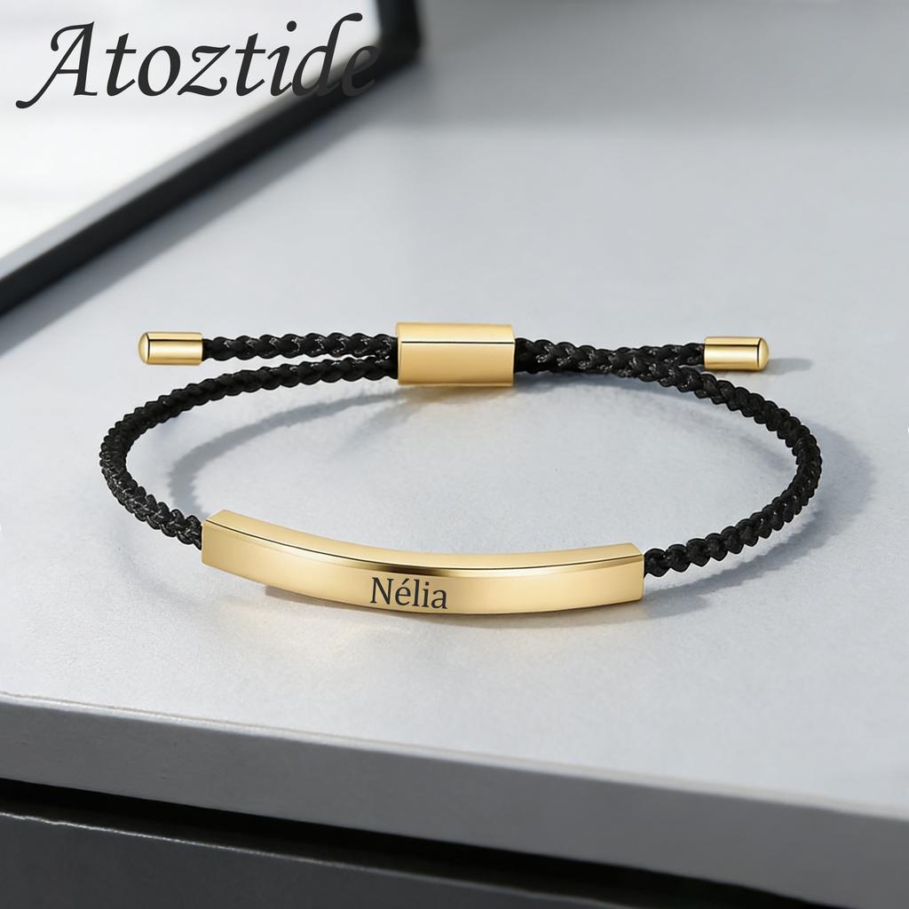 Atoztide Engrave Name Bracelet For Women Men Stainless Steel Jewelry Color Braided Rope Chain Personalized Couple Birthday Gift
