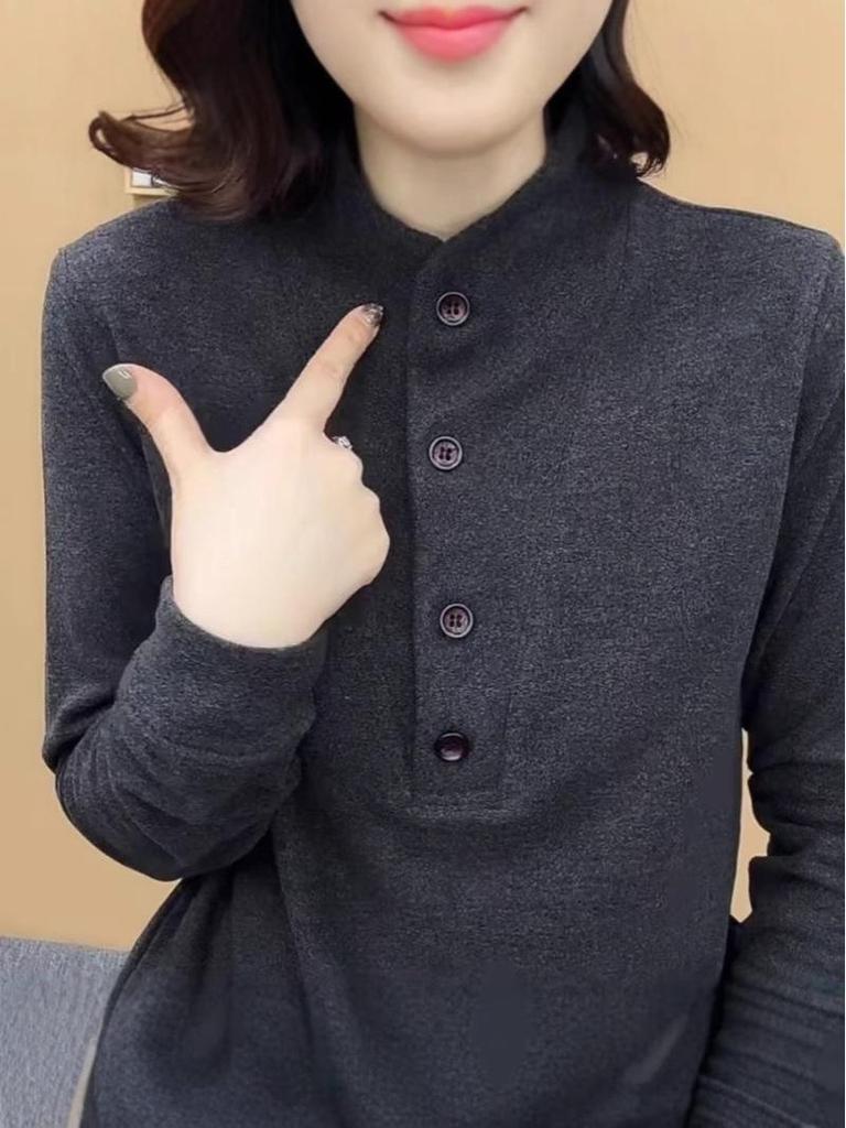 Women's Advanced Grey Slimming Long Sleeve Top - Belly Covering, Warm, Age-Reducing, Trendy Autumn/Winter Fashion.