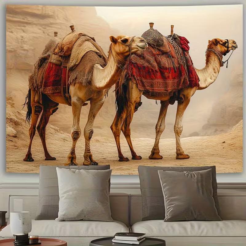 2D Desert Kamel Wandteppich, Realistisches Arabisches Dromedar Wandbehang für Wohnzimmer Schlafzimmer Boho Dekor