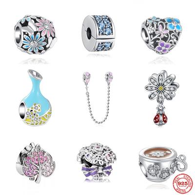 Nouveau Vase Fleur Tasse à Café Perles Pendentif Chaîne de Sécurité Breloques Convient au Bracelet Original en Argent Sterling 925 Pour Femmes Bijoux