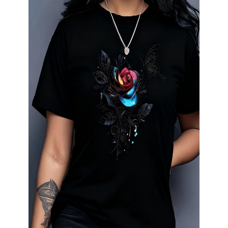 Europäische Größen Stylisches Damen Rundhals Reines T-Shirt mit Nebel-, Rosen- und Schmetterlingsdruck. Einfaches Design, Bequem Und Atmungsaktiv