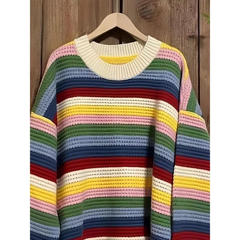 Regenbogen gestreifter Damen-Strickpullover mit langen Ärmeln und Quaste, schickes Damen-Top, Herbst/Winter, lockere, lässige Damenbekleidung