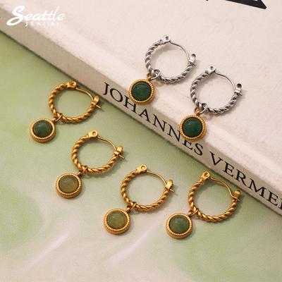 Stainless Steel Gold Color Zinc Alloy 18K Luxury Earrings for Women Natural Green Agate Round Dangle Earrings Ladies Vintage Zircon