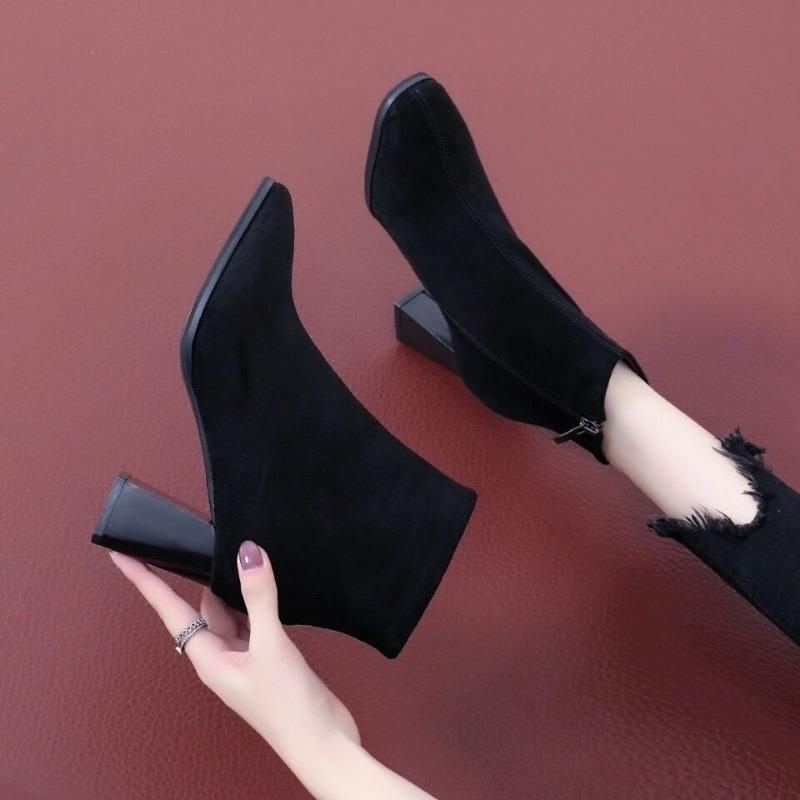 Coarse Heel Short Boots Women's New Autumn Single Boots High Heel Suede Women's Round Head Short Boots Comfortable and Versatile Martin Boots