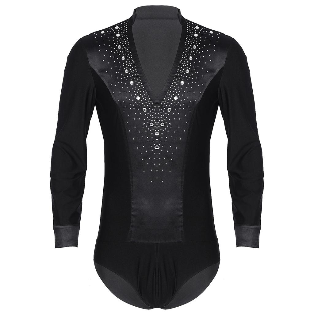 Men's Latin Dance Leotard - Glittery Rhinestones V Neck Long Sleeve Satin Patchwork Bodysuit for Performance