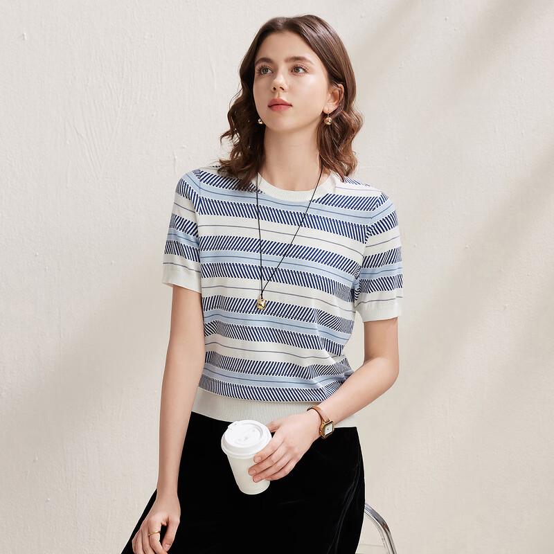 Women's Mulberry Silk Blend Striped Short Sleeve Knit Top