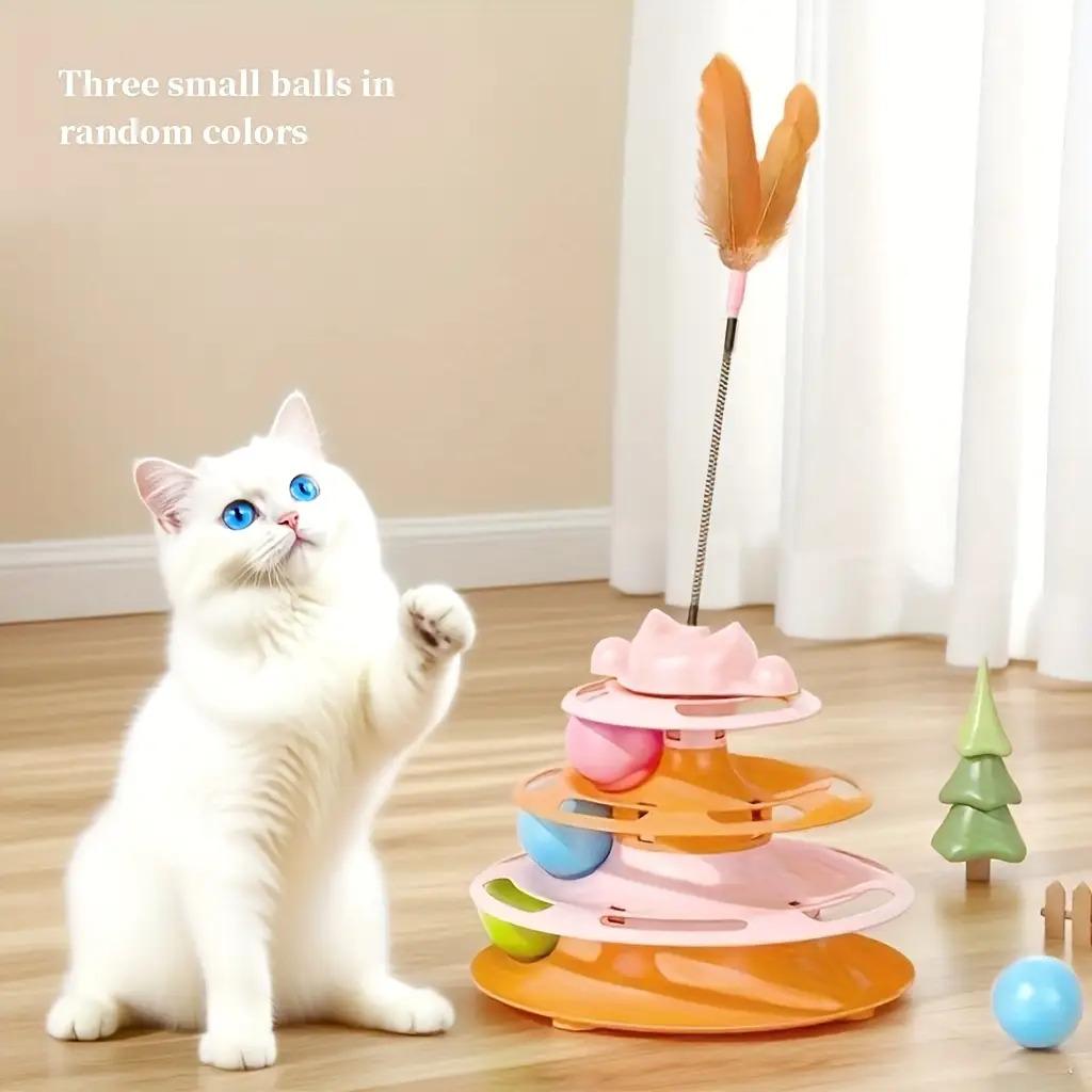 2025 pattern Artificial Feather Cat Rotating Toy Interactive Fun Toy, 3-Layer Rotating Tower with Three Small Balls and Feathers