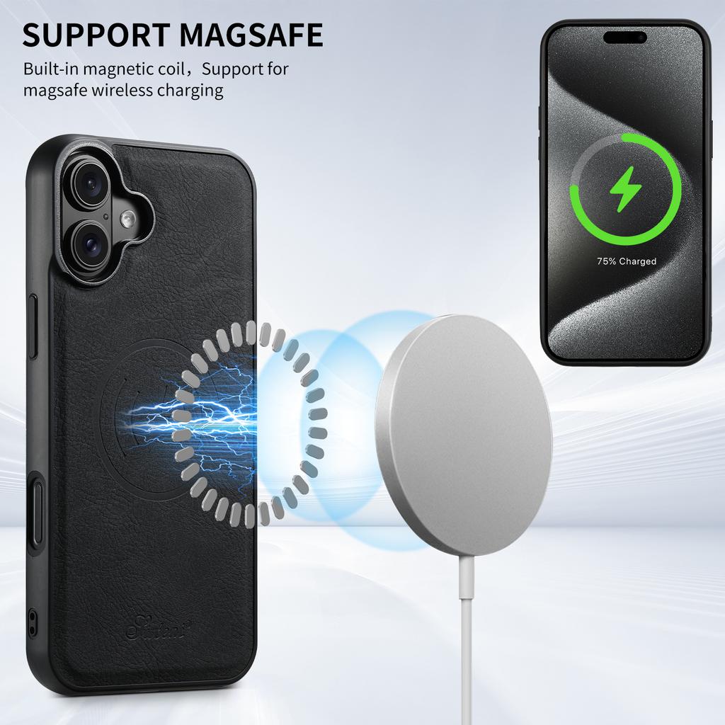 SUTENI H19 For iPhone 16 Plus Magnetic Case Card Holder Kickstand Litchi Texture Leather Back Cover