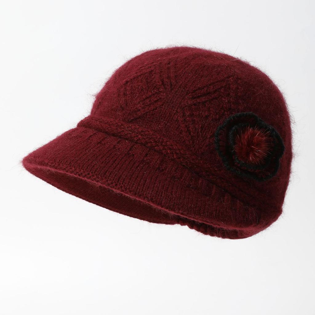 Thickened Rabbit Hair Knit Rabbit Hair Hat for Female Middle Aged and Elderly Grandmother Mothers Versatile and Fashionable Ear Protection Basin Hat