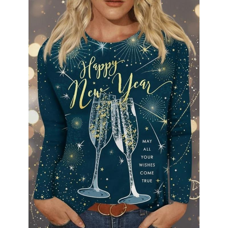 

New Year Women s T Shirt Print Graphic Geometric Vintage Stylish Casual Long Sleeve Crew Neck Round Neck Regular Tops 5XL