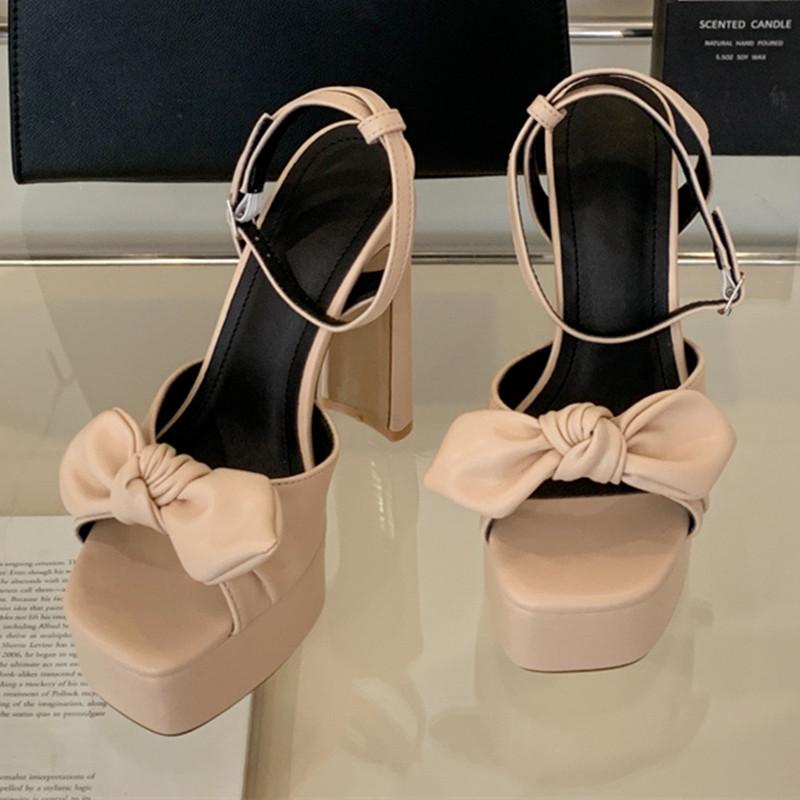 

Fashion Summer Sexy Pleated Bow Design Women Sandal Super-high Heel Ankle Strap Buckle Plus Size Slide Sandal Fashion Banquet High Heels 42 абрикосовый