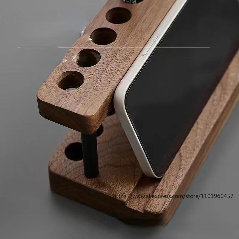 Multi-functional Black Walnut Wood Desktop Pen Holder with Phone Slot for Office and Home Storage Office School Accessories