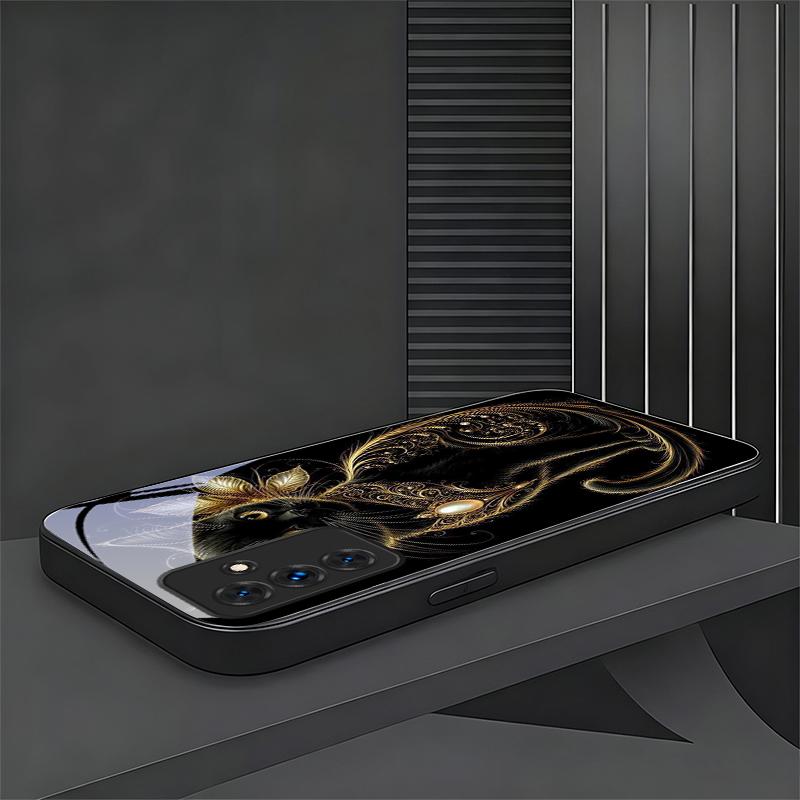 Luxury Jeweled Cat Black Phone Case For Samsung A32 A33 A34 A35 A36 A37 A51 52 52s A53 A54 A55 A56 A57 A71 A72 A73 Glass Cover