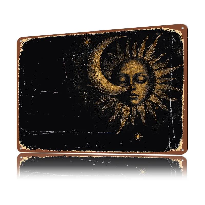 Golden Sun and Moon D Texture Metal Poster Customized Wall Art Tin Sign Gift for Mancave Home Decor Living Room Funny Signs