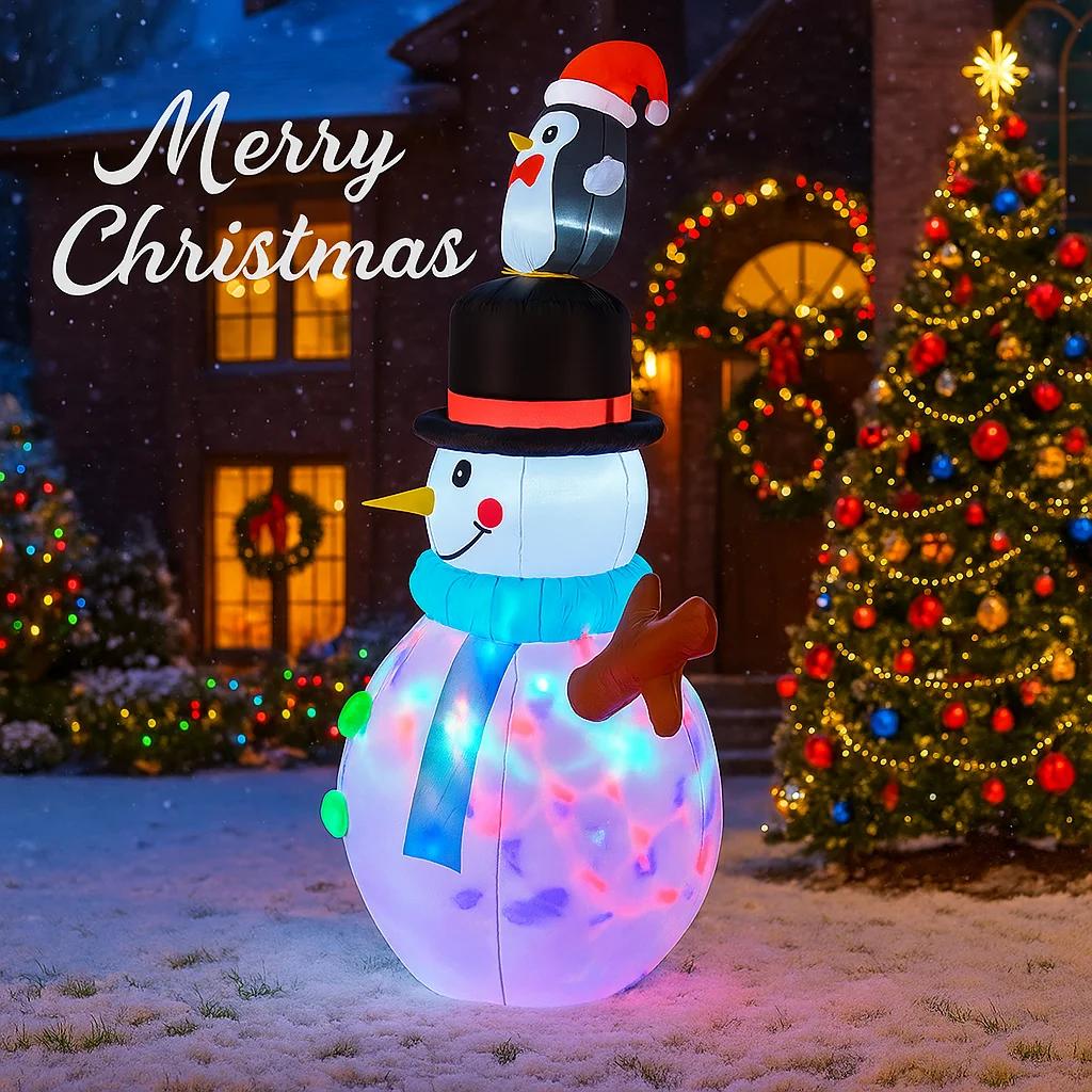 4.9FT LED Inflatable Xmas Yard Decor Snowman with Penguin Hat Christmas Toy Gift Home Decoration Ornament Festive Supplies Decor
