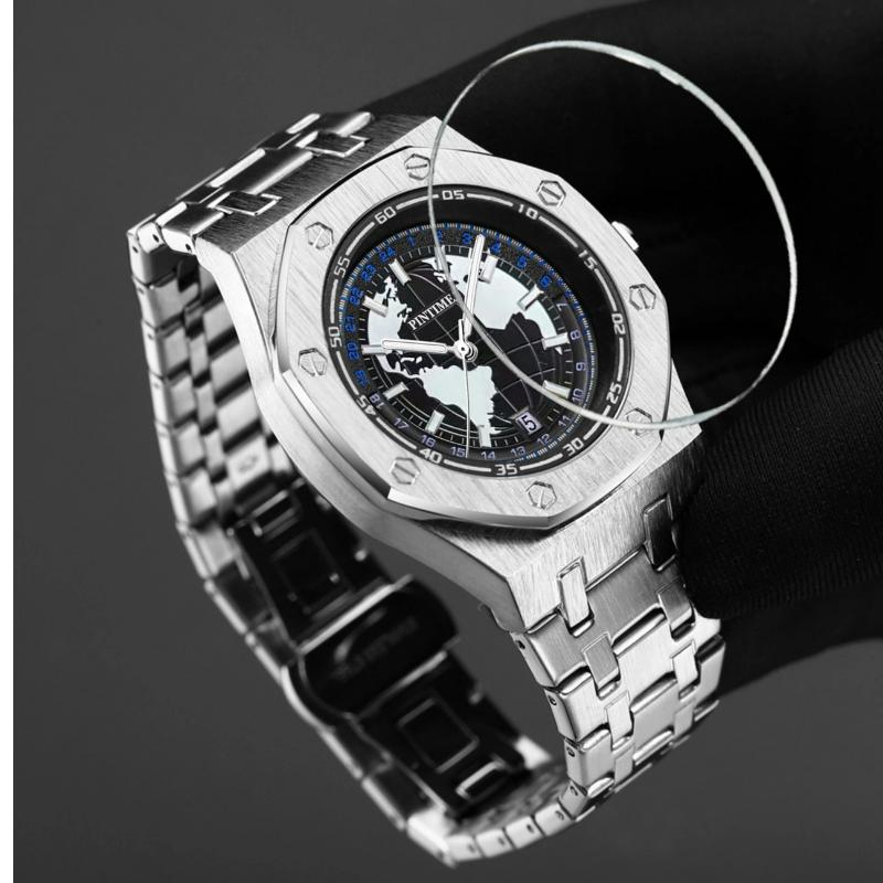 PINTIME Earth Style Men's Watches Stainless Steel Blue Planet Quartz Wristwatch for Man Luminous Waterproof Date