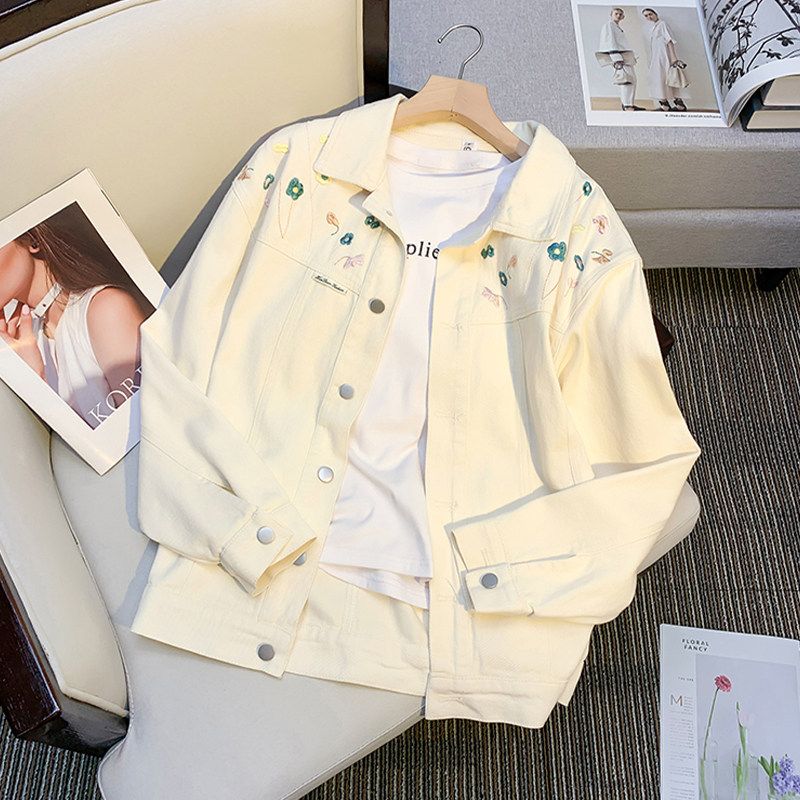 

Белая джинсовая куртка с вышивкой, большого размера (до 150 кг), премиум-класса, для женщин, летняя, свободная, повседневная куртка-топ для женщин Beige [High-Quality Fabric] 6XL