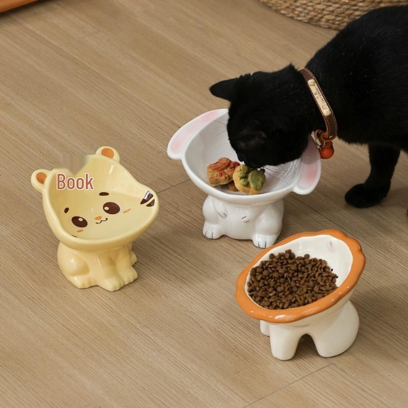 Cute Animal Series High-Footed Ceramic Pet Bowl - Neck Protection & Anti-Black Chin Design for Cats and Dogs