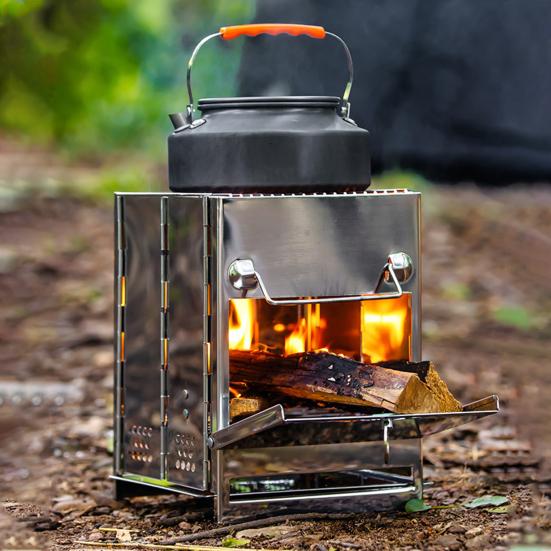 Stainless Steel Wood Burning Stove Outdoor Camping Hiking Picnic BBQ Cooking Folding Stove Portable Wood Burner Camp Stove with Ash Tray