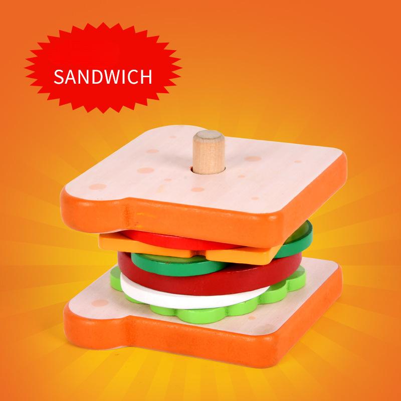 Simulated Play House for Children Sandwich and Burger Set Wooden Shape Matching Building Blocks Food Cognition Toys