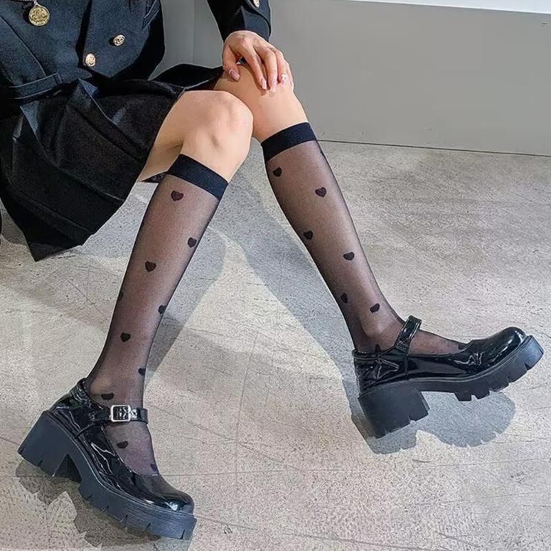 Sweet Heart Calf Socks Thin Sheer Silk StockingsLightweight Breathable Knee Highs Socks Student Girls Middle Tube Socks