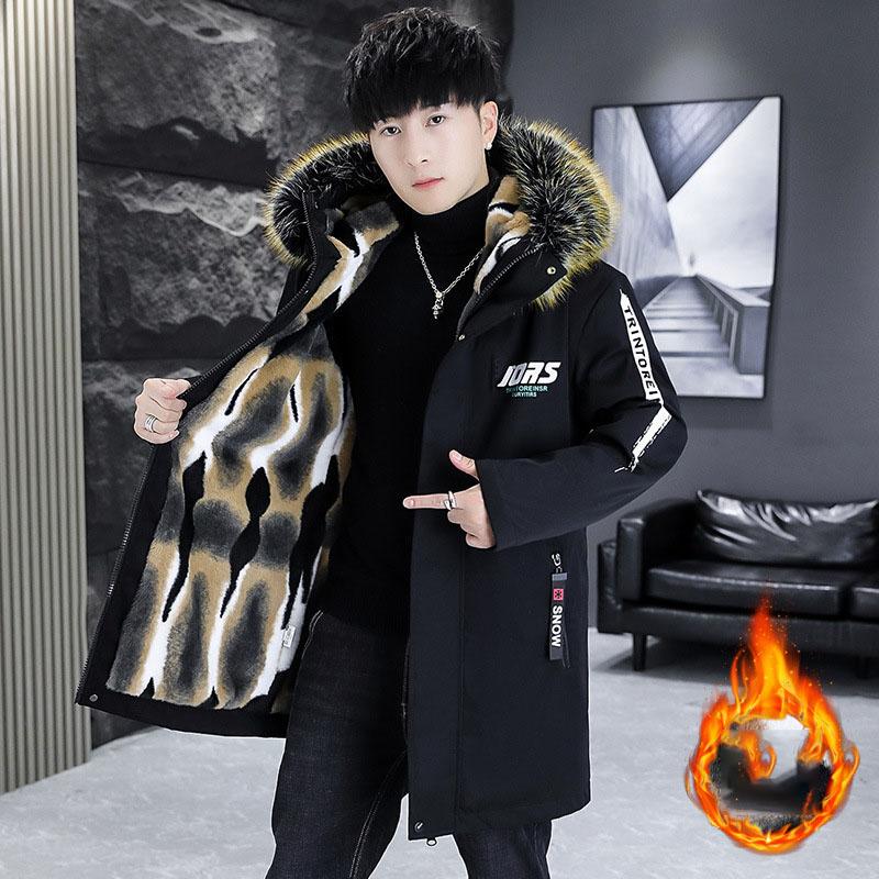 Men's Long-sleeved Hooded Mid-length Cotton-padded Velvet Thickened Cotton-padded Jacket for Teenagers Men Warm Parka Cotton Jacket