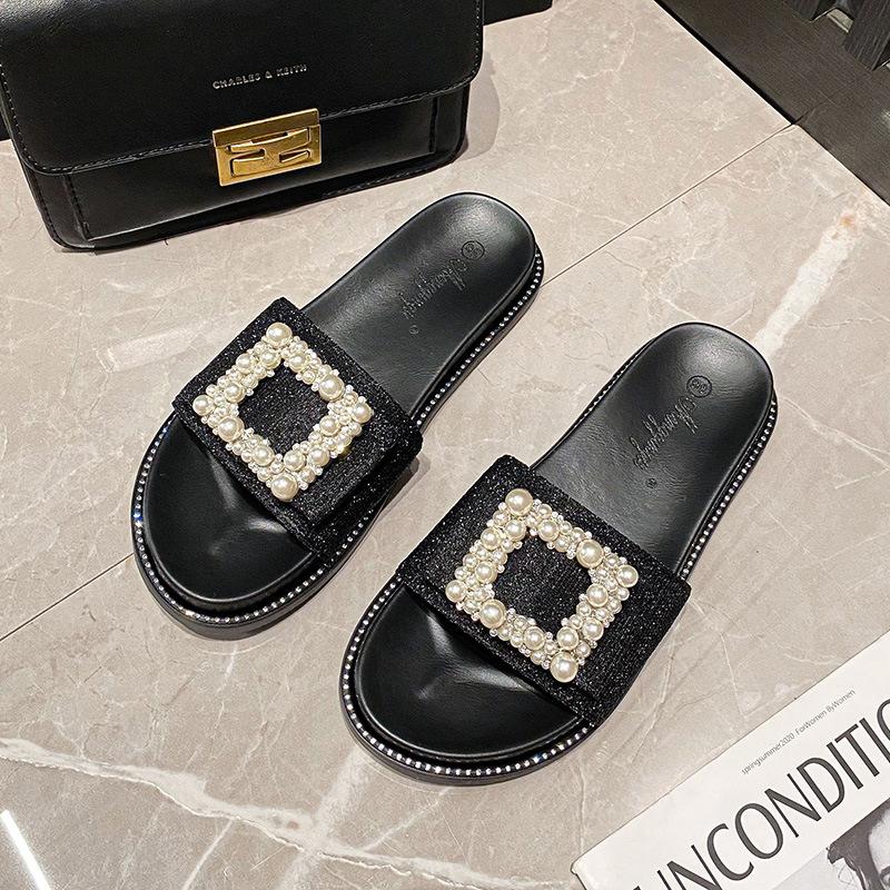 

Босоножки на платформе с открытым носком для женщин, украшенные жемчужными стразами, пляжные повседневные туфли большого размера с полуподдержкой для женщин 43 чёрный